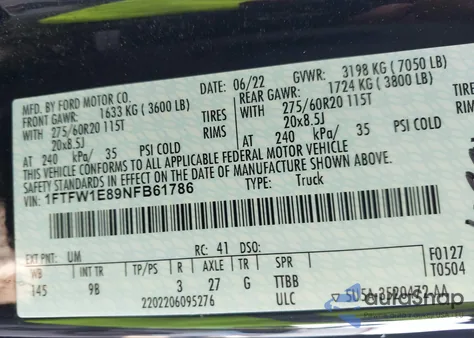 2022 Ford F-150 Platinum z USA, uszkodzony, nr VIN 1FTFW1E89NFB61786